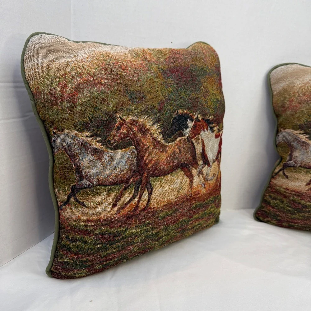 Vintage C.C. Cummings Wild Horse Tapestry Throw Pillows Set of 2 Western Decor