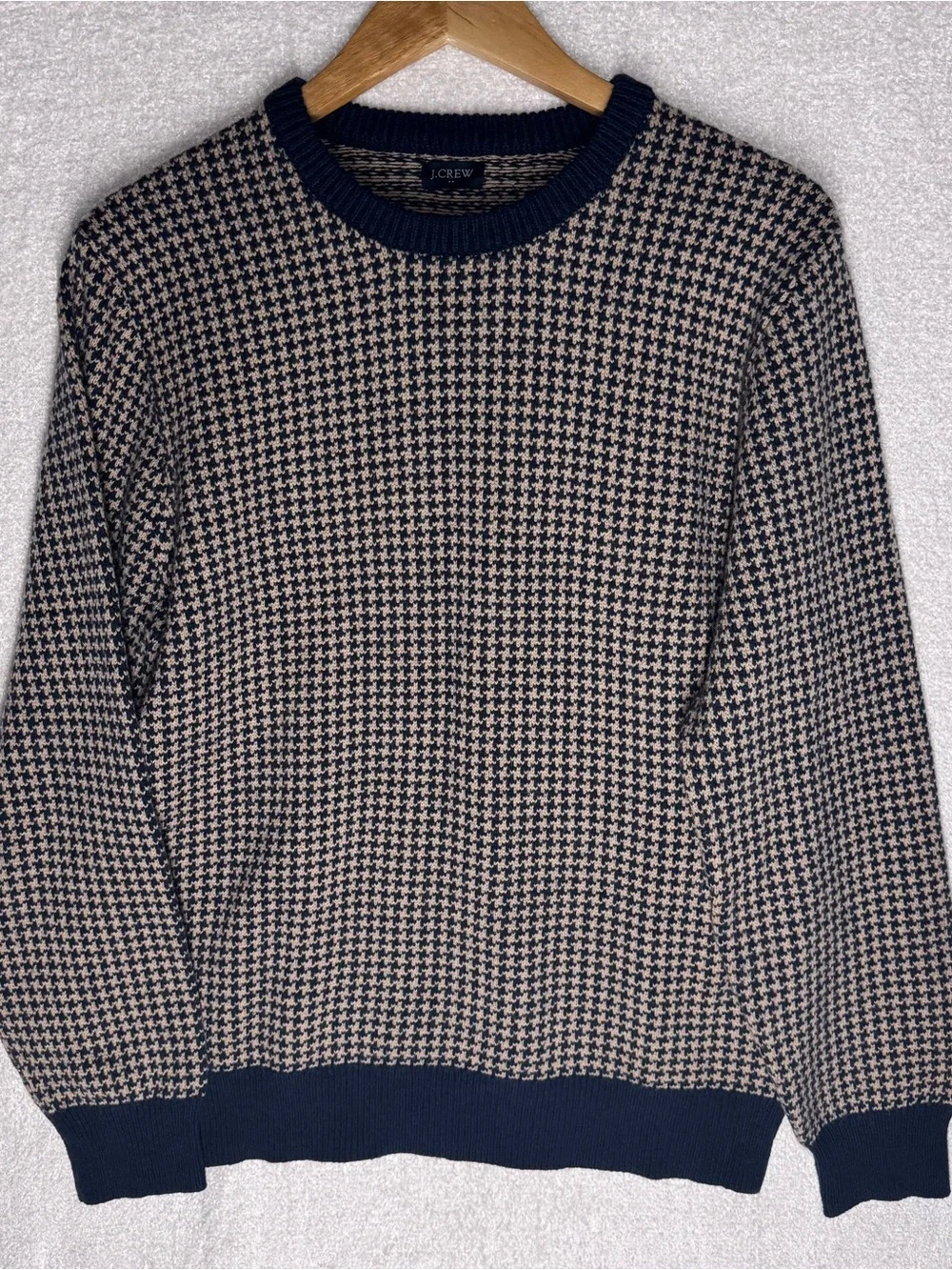 J.Crew Men's Houndstooth Crewneck Sweater Size Large Navy Cream Knit