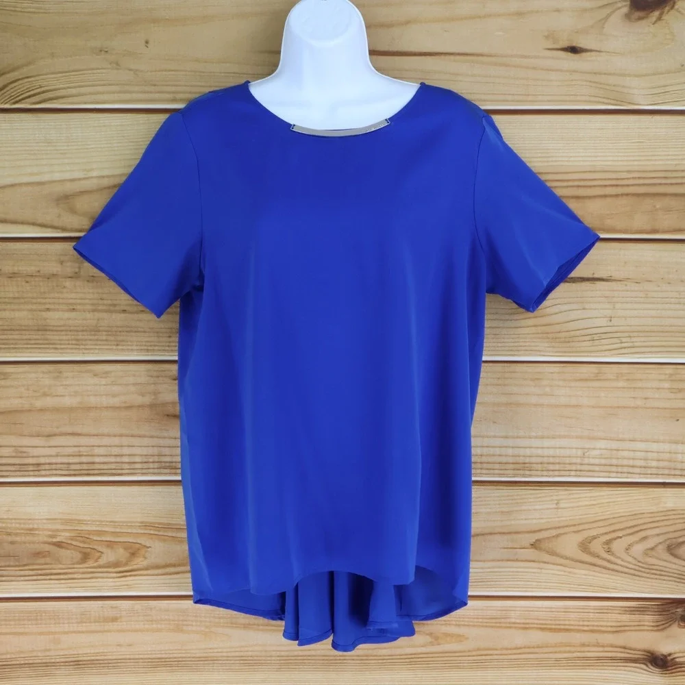 Michael Kors Blouse Shirt Womens 10‎ Blue Pleated Back Short Sleeves Lightweight