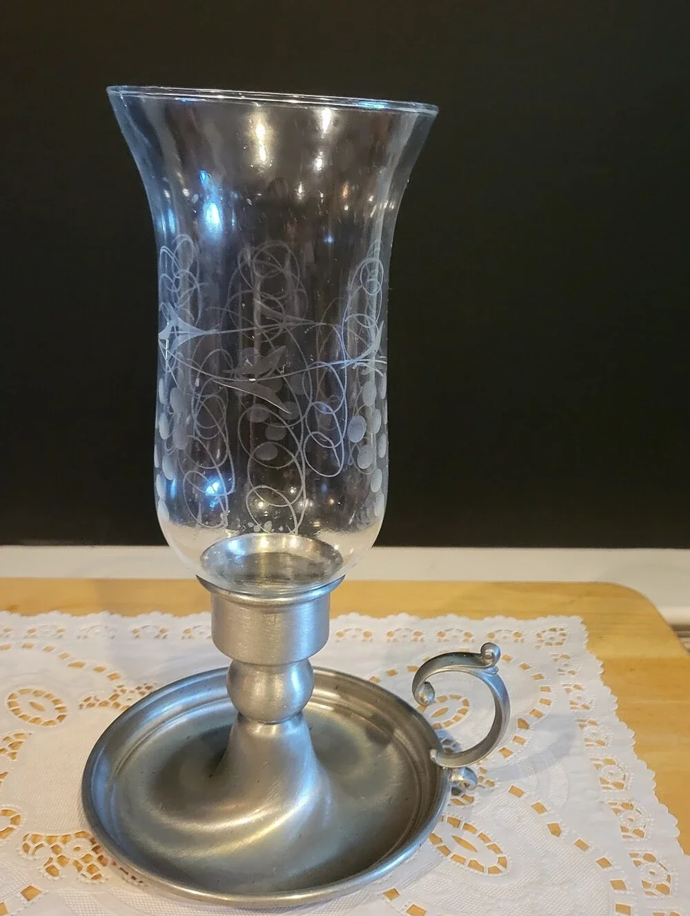 Vintage Lenox Pewter Hurricane Lamp Etched Glass 10