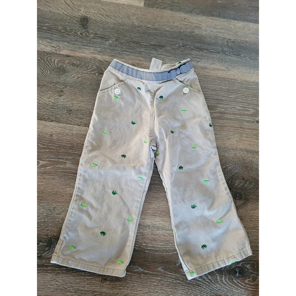 Gymboree Toddler Girls Khaki Turtle‎ Embroidered Pants 3T Tan Striped Bow #1