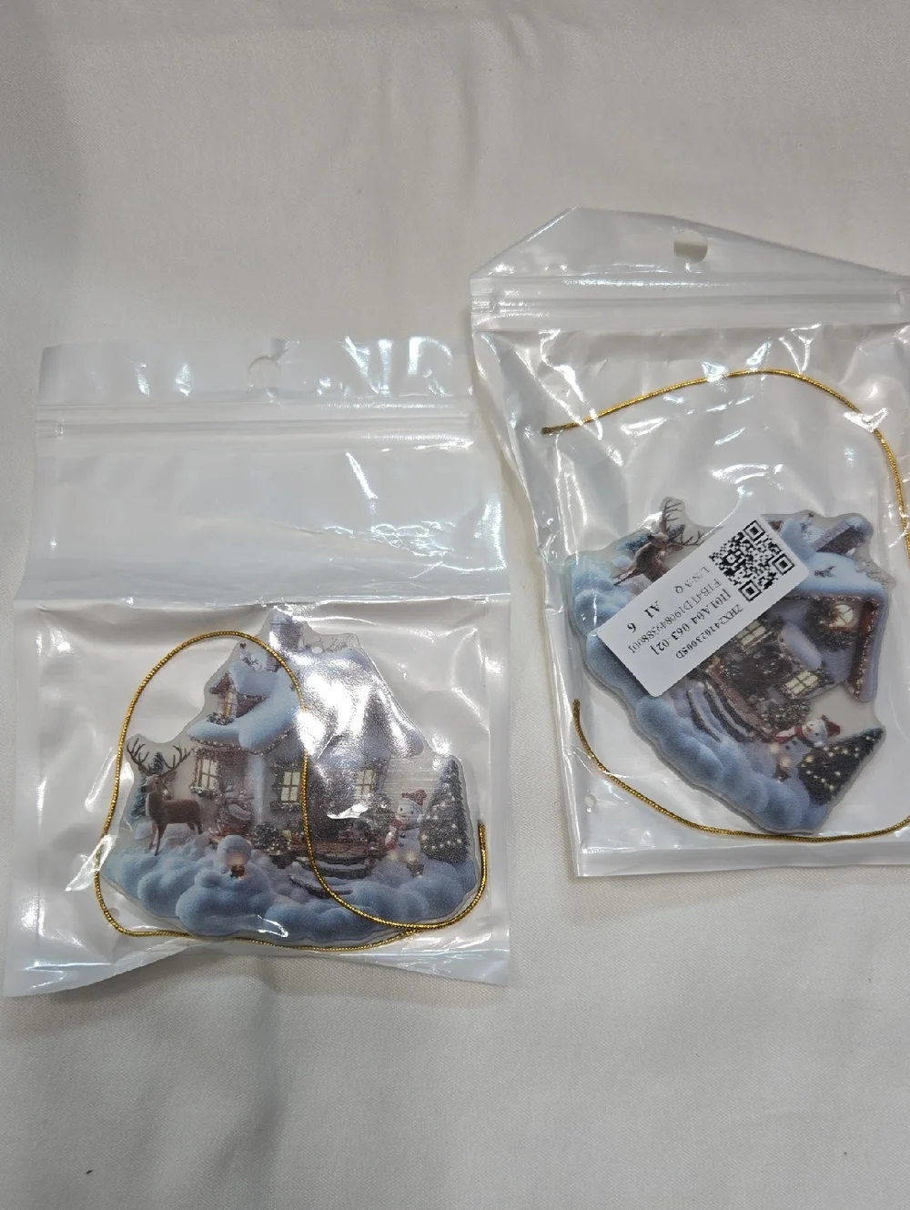Winter Cottage Hanging Ornaments - Blue Snowy Scene (Set of 2)