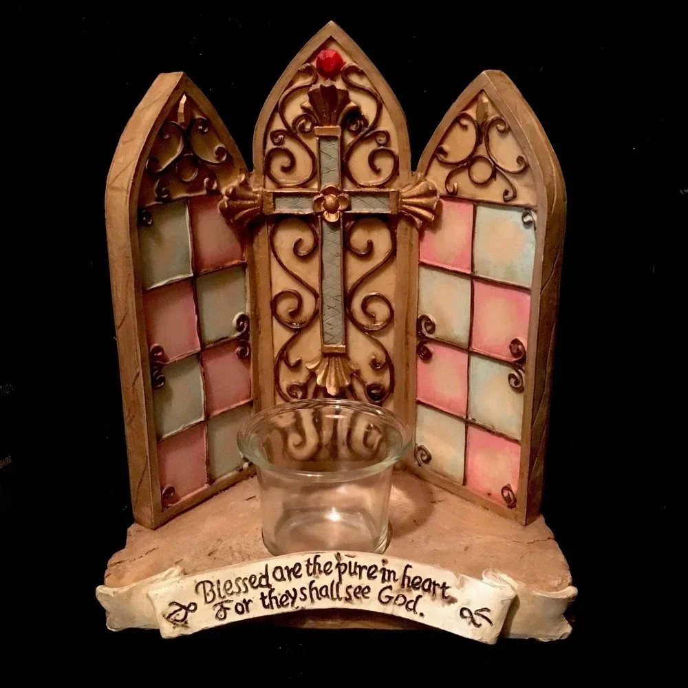 Vtg Stained Glass Cathedral Church Window Inspirational Verse Candle Holder