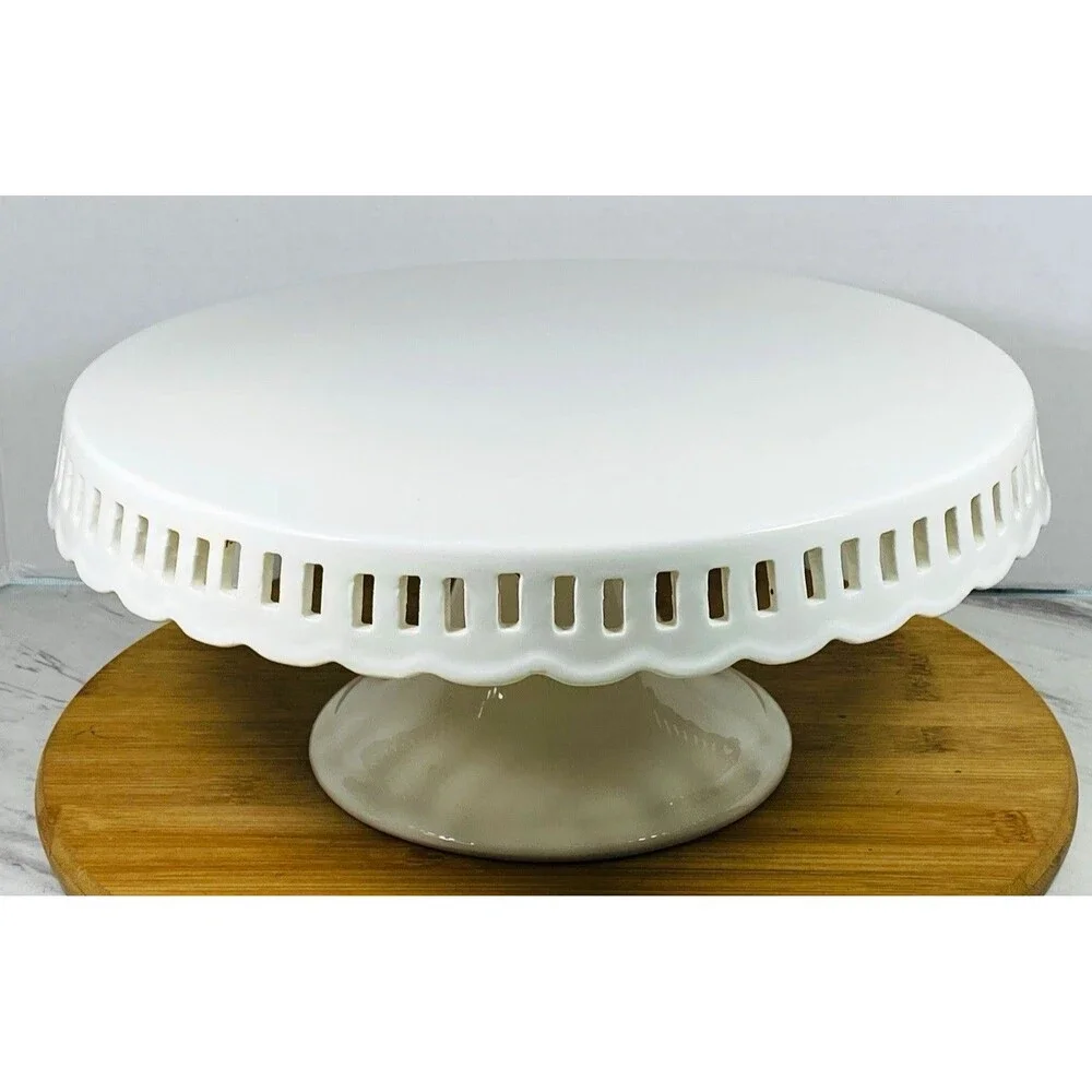 Grace Pantry White Ceramic Round Cake Stand Pedestal Glossy 12” Hand Wash Only