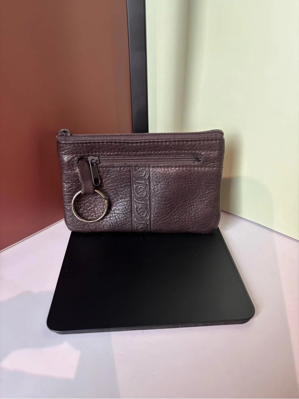 Genuine Leather Zip Wallet Pouch in Deep Brown