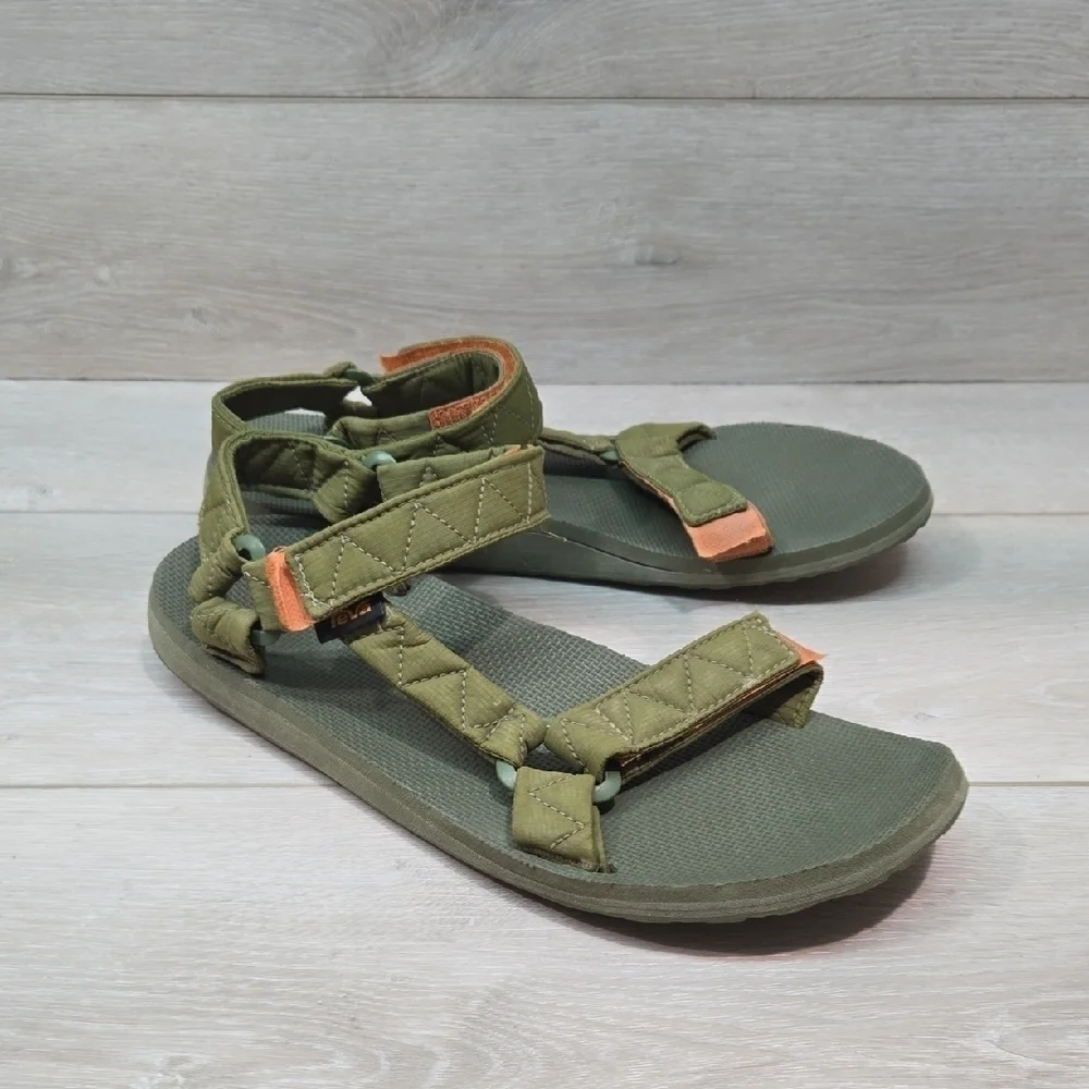 Teva Mens Outdoor Hiking Green & Orange Hook& Loop Sandals Slide Shoes Sz 10