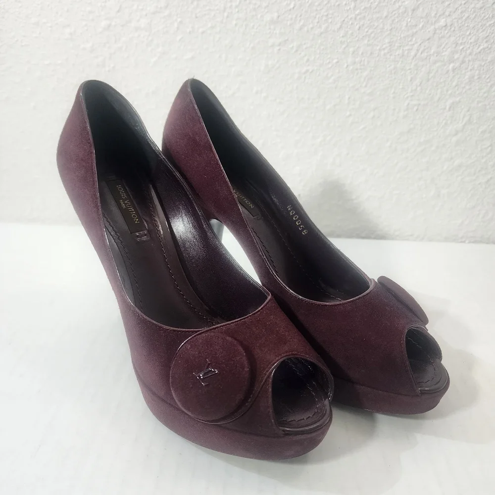 Louis Vuitton Platform Peep Toe Pumps Burgundy Suede Stiletto Heels Size 37