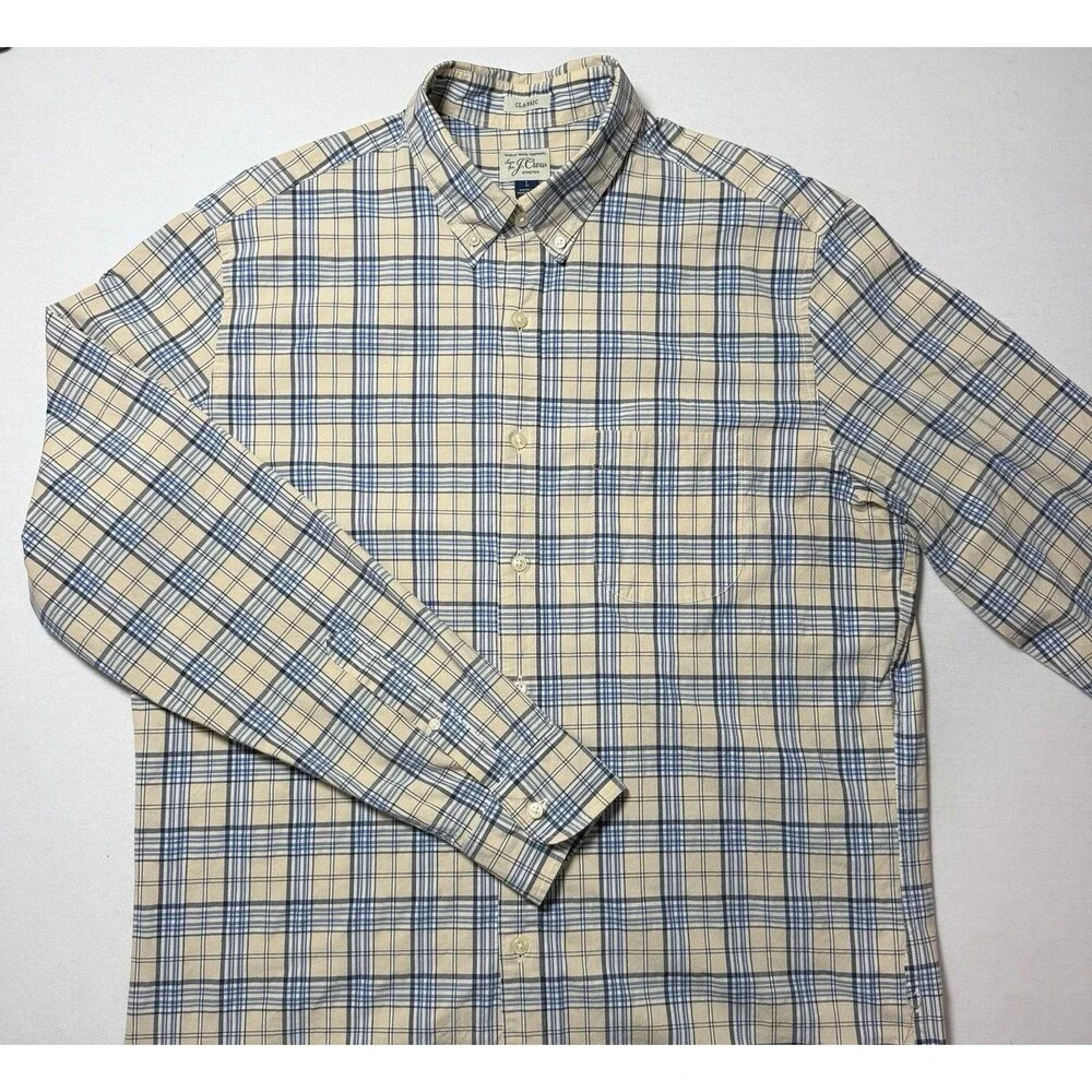 J.CREW Shirt Men’s Long Sleeve Beige Plaid Button Down Cotton Shirt Size Large