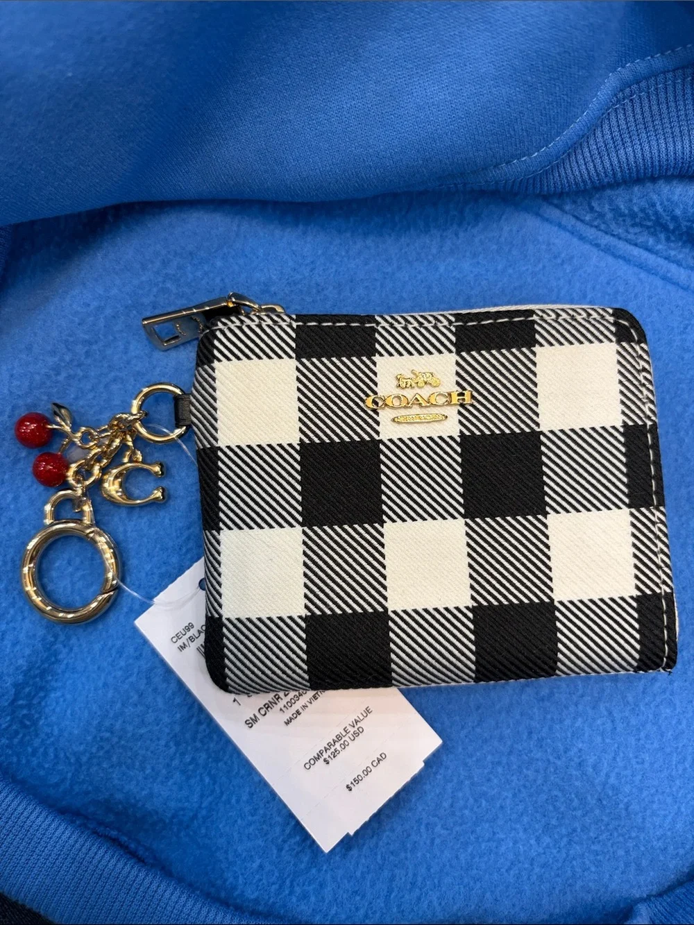 COACH Black & White Buffalo Check Zip Wallet with Gold Charm