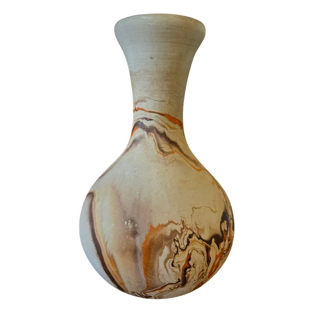 Nemadji Pottery Marbled Bud Vase Earth Tone Swirl Orange Brown USA Folk Art 6.5