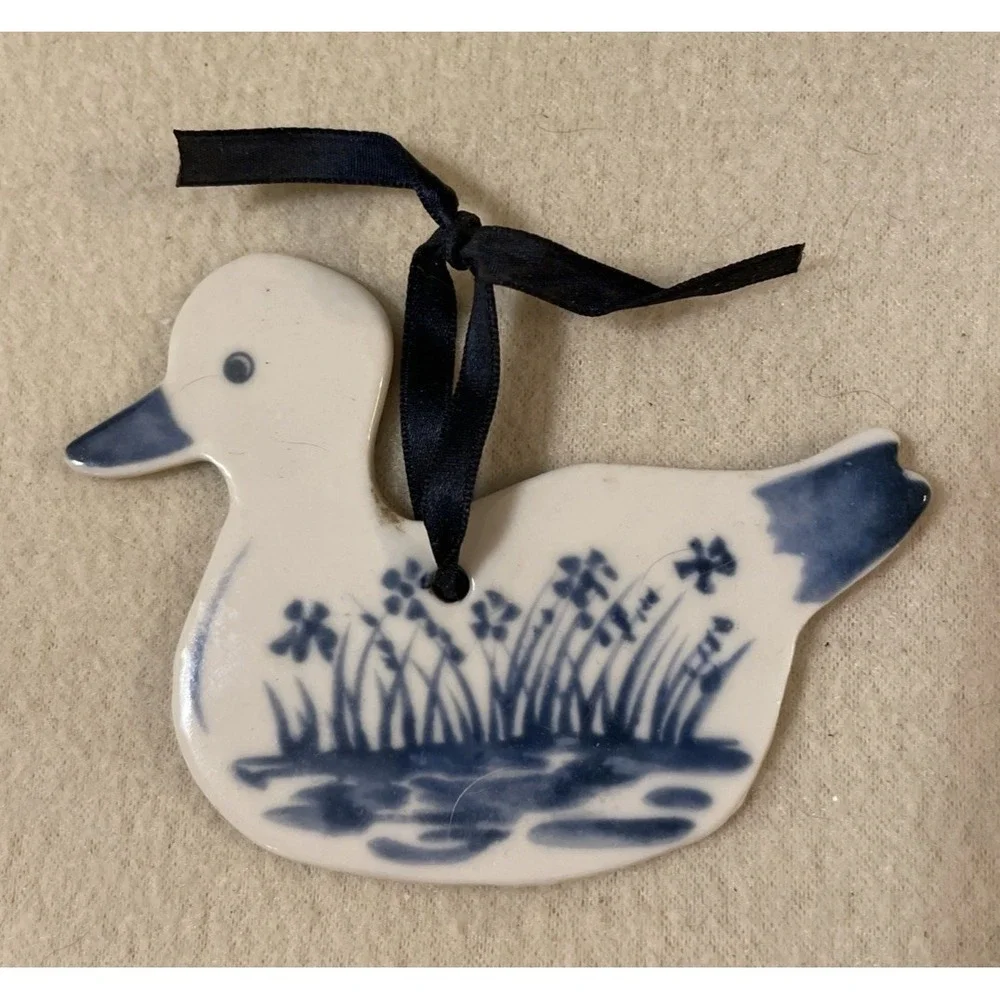 Russ Berrie Christmas Tree Ornament Ceramic Duck Flower Cobalt Blue Country Folk