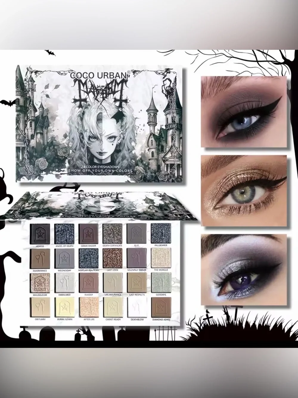 Gothic 24-Color Eyeshadow Palette - Silver, Black, Gray, Purple, Brown