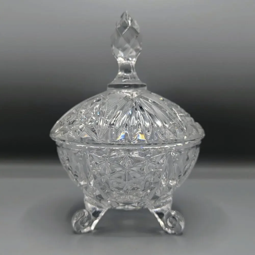 Vintage Cut Crystal Covered Candy Dish 3 Footed Lidded Bowl Pinwheel Starburst