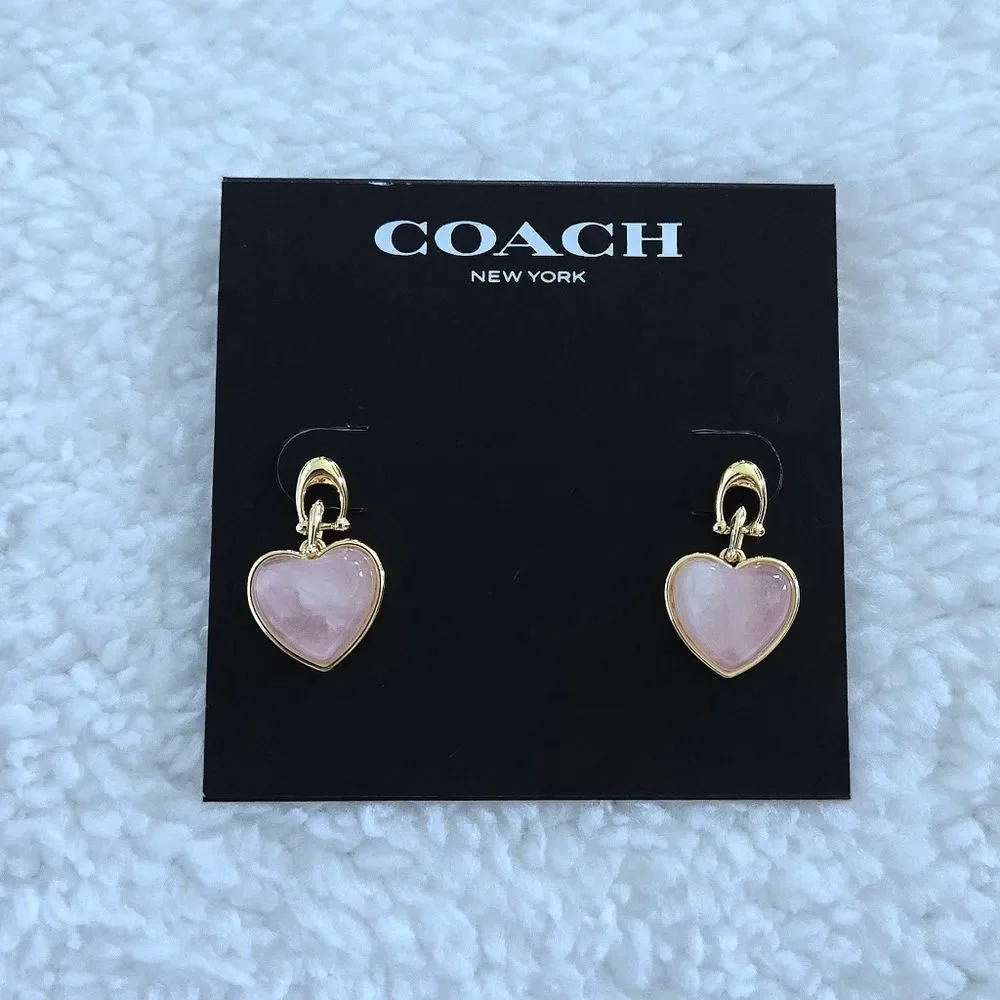 Coach Carved Rose🌹Quartz Heart💕 Drop Earrings