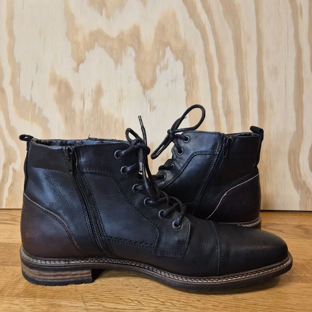 Bull Boxer Warrant Mens 13 Black Leather Cap Toe Zip Lace Up Ankle Boots