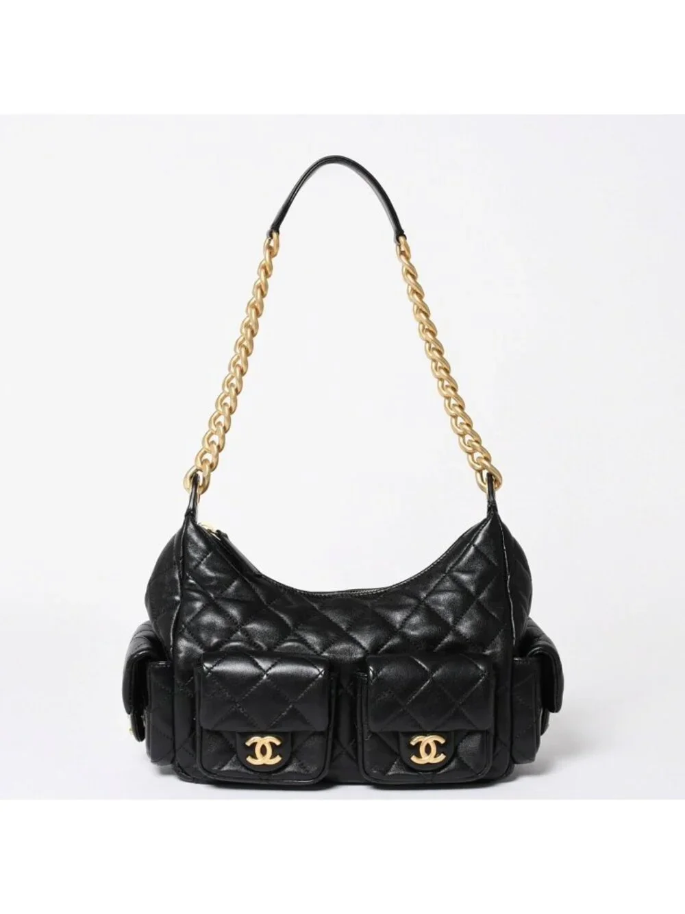 Chanel Large Hobo Stand CC Logo Lambskin Black