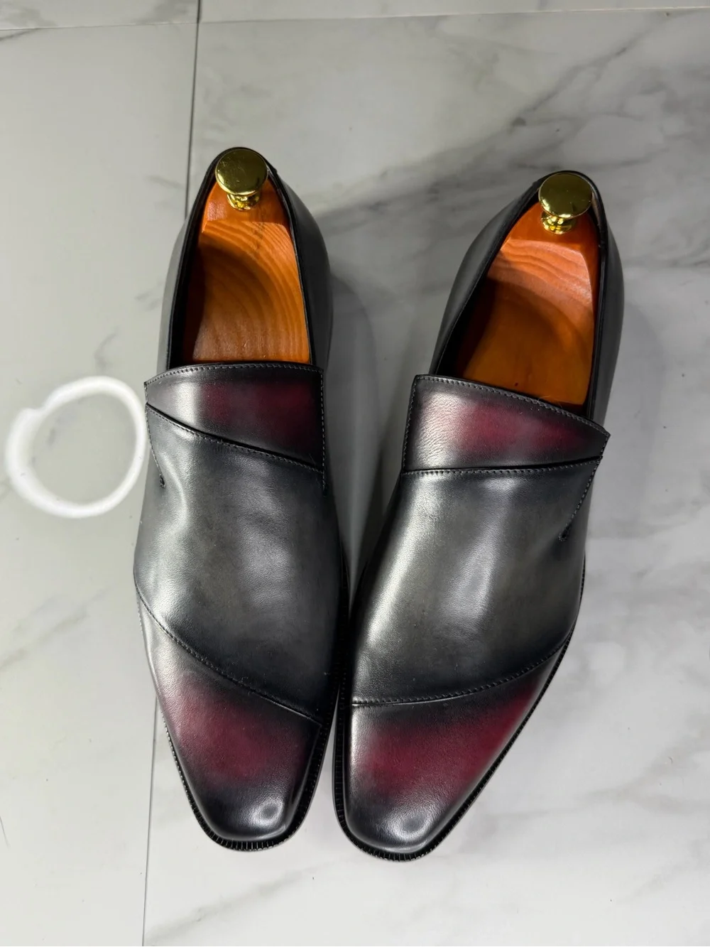 Men's Black Leather Slip-On Loafers with Burgundy Patina