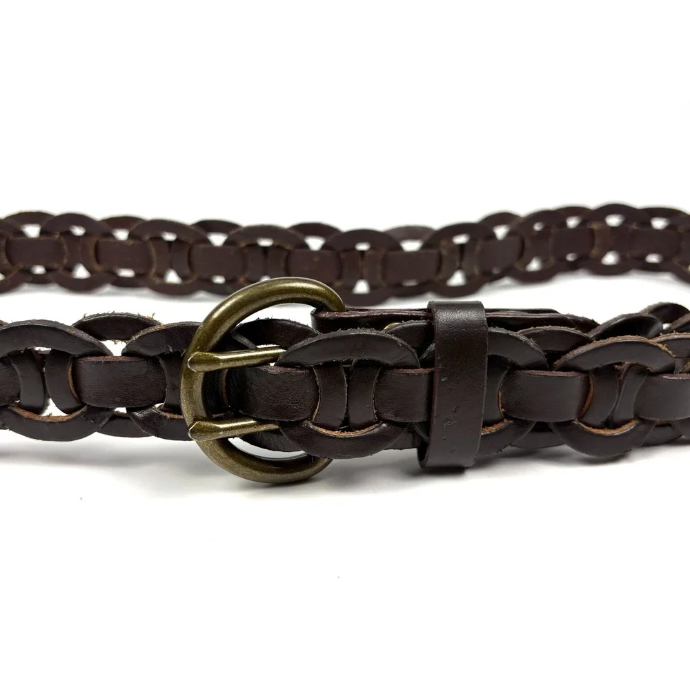 Old Navy Interlocking Chain Genuine Leather Belt Womens‎ Sz XS/S Brown Brass Dbl