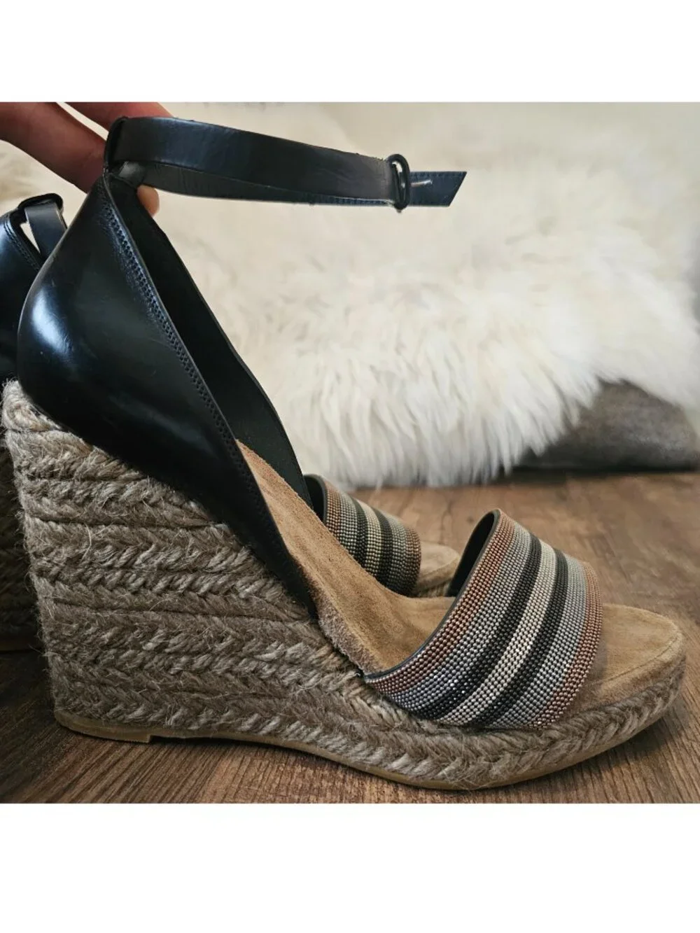 Brunello Cucinelli Monili Ankle Strap Leather Wedge Espadrille Sandals, 39IT/US9