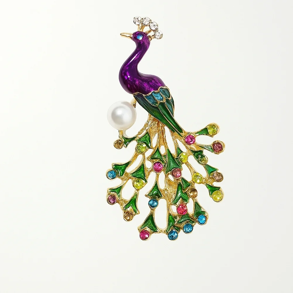 Vibrant Enamel Peacock Brooch Pin Gold Tone Rhinestone‎ & Faux Pearl 2.25