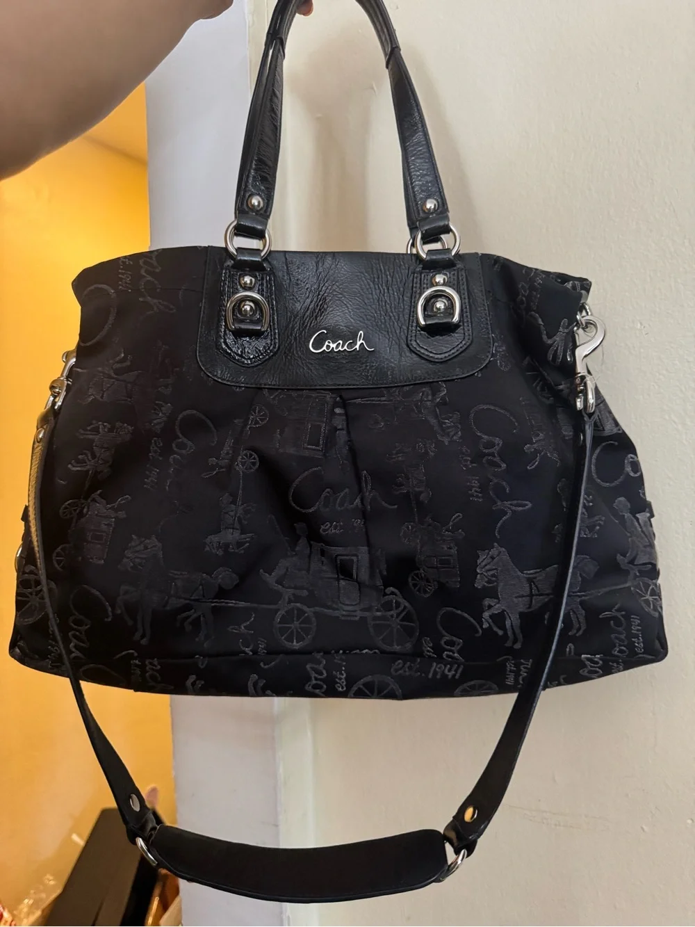 Coach Black Jacquard Signature Shoulder Bag with Top Handles