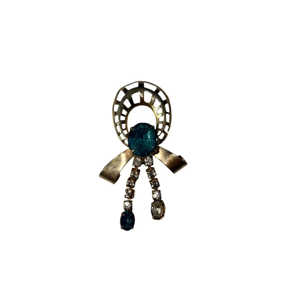 Vintage Signed Scitarelli Gold Tone‎ Blue Clear Rhinestone Bow Brooch Pin