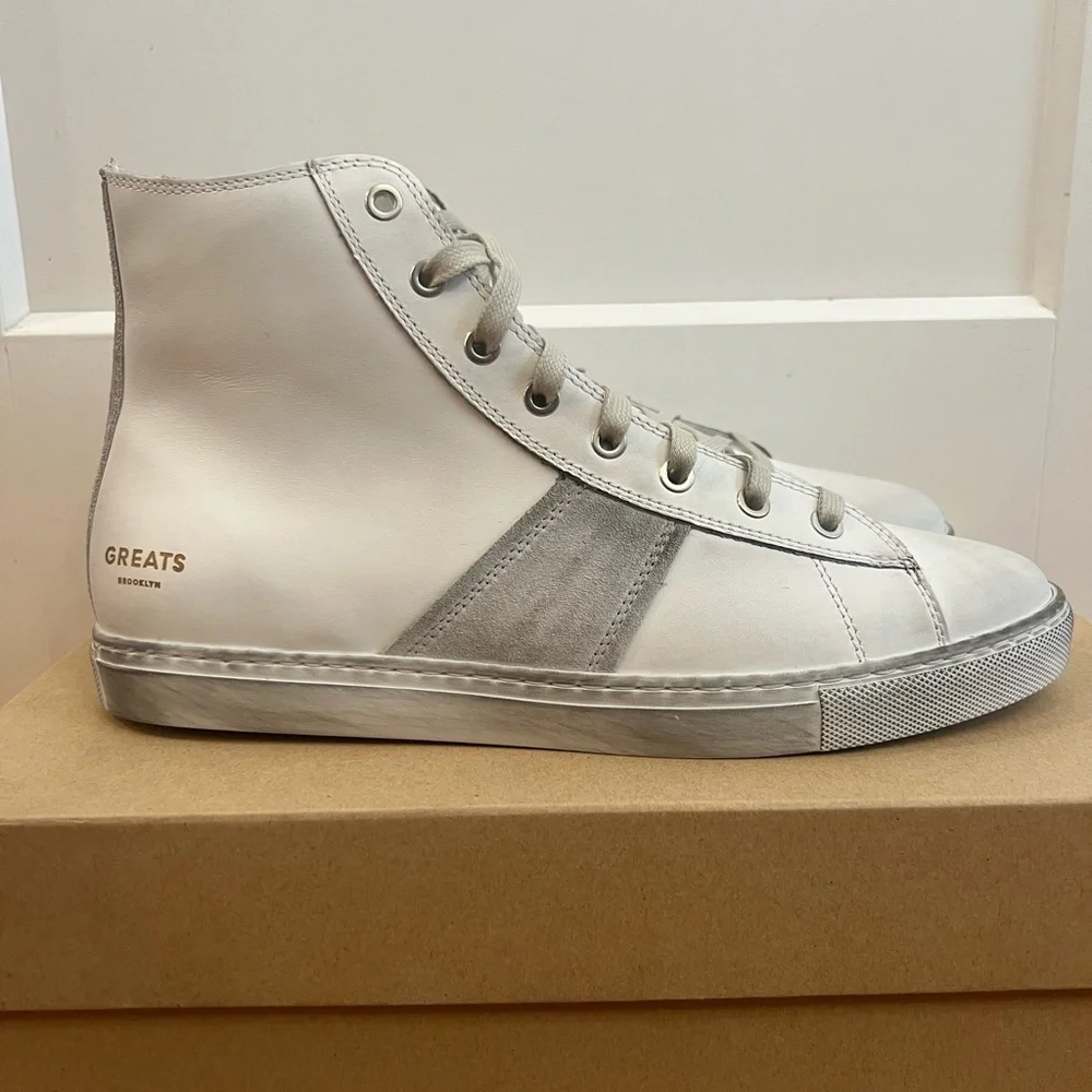 Greats The Reign High Top Blanco Italian Leather Distressed Sneakers Size 8.5 US