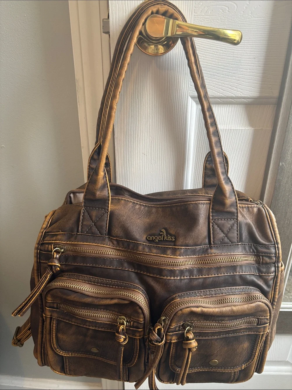 Angel Kiss Distressed Brown Faux-Leather Satchel with Gold Hardware