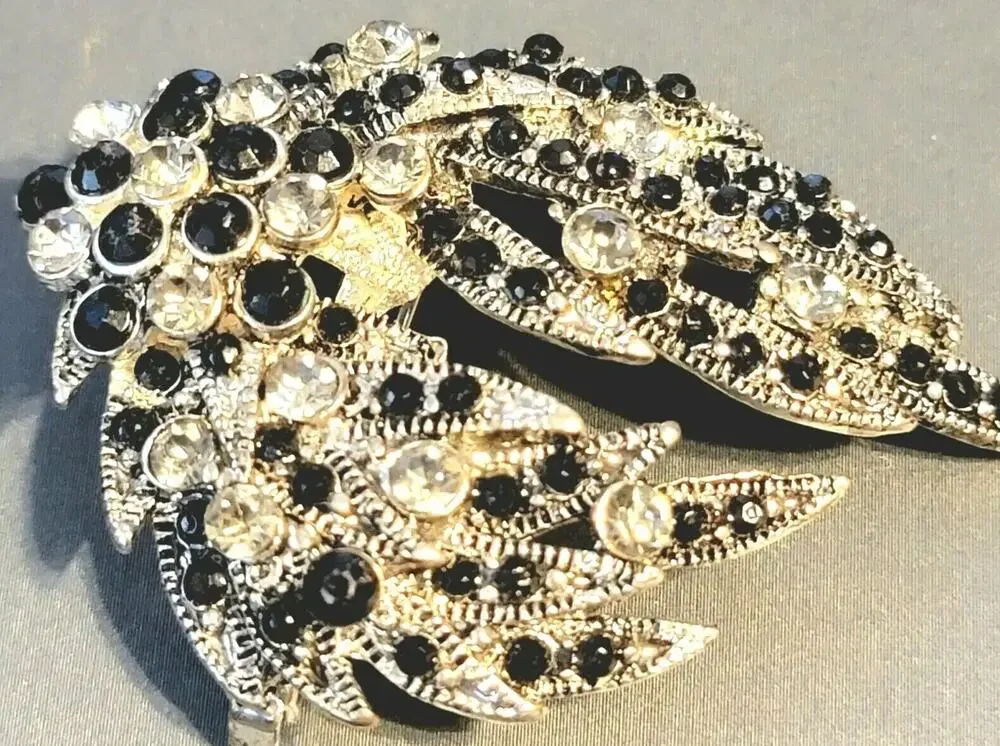 Vintage Black & White Rhinestone Flower Brooch Pin- Large 2