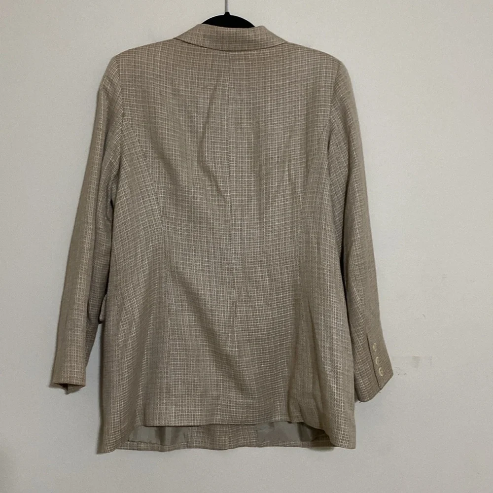 Mary Mc Fidden Women's Beige Checkered Blazer linen 10 event office retro casual