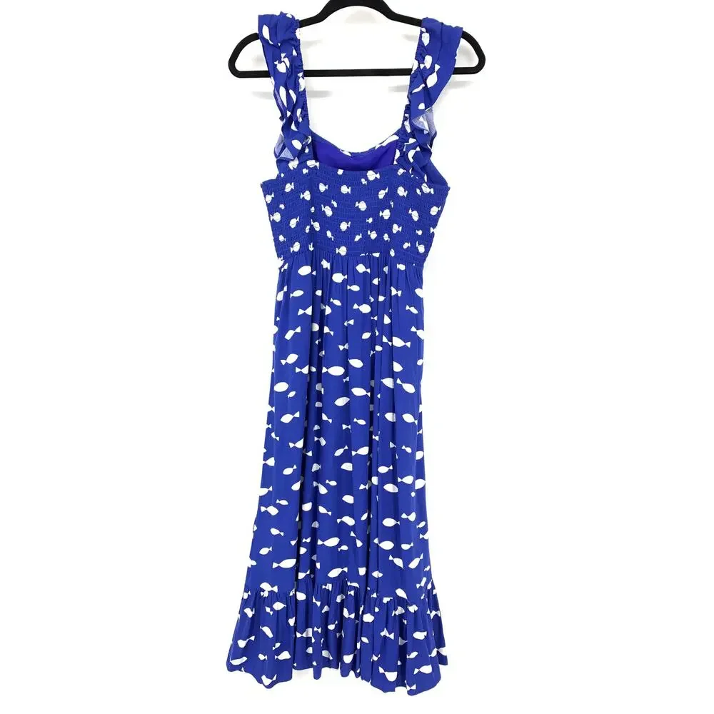 Kate Spade Graphic Fish Print Ruffle Midi Dress Womens Size Large Blue White