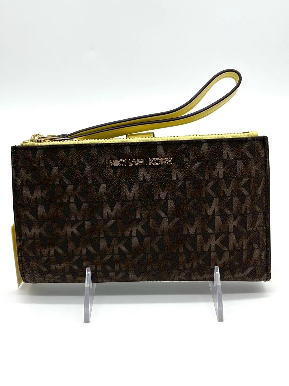 Michael Kors Large Double Zip Brown MK Logo Wristlet with Yellow Trim
