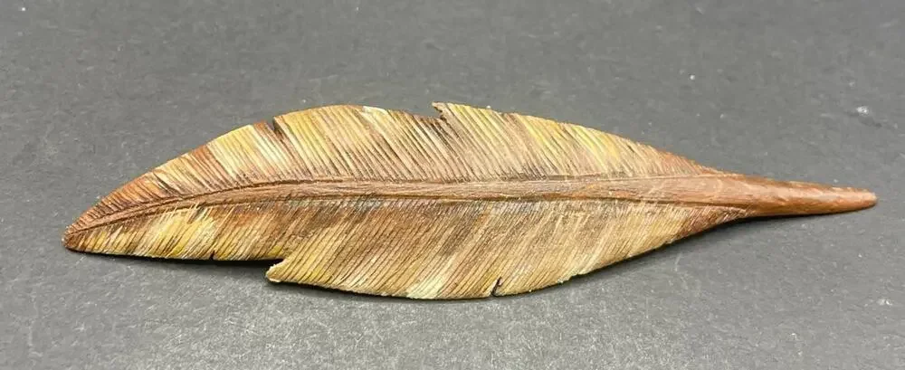 Vintage Hand Carved Wood Feather Brooch Pin Natural Textured Leaf Jewelry