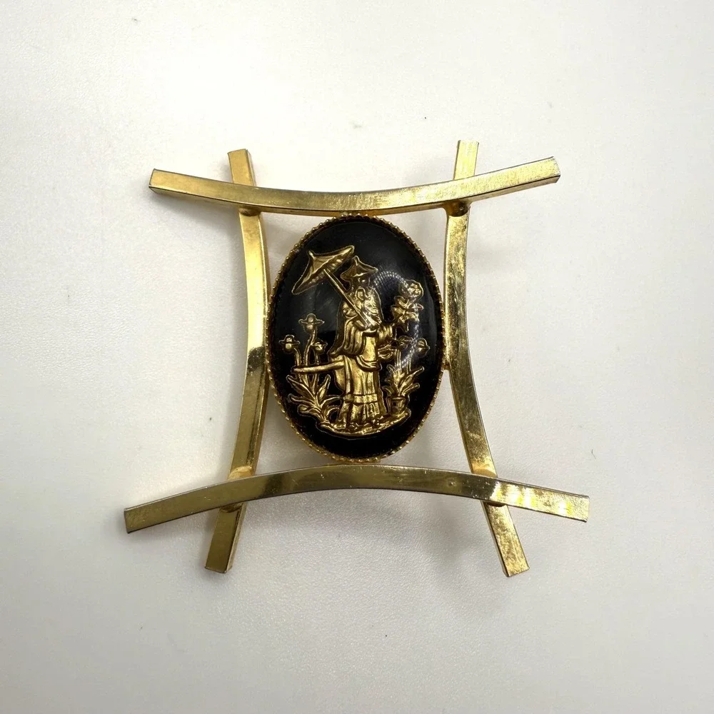 Gold‎ Tone Asian Lady Parasol Black Oval Cameo Brooch Pin Chinoiserie Large