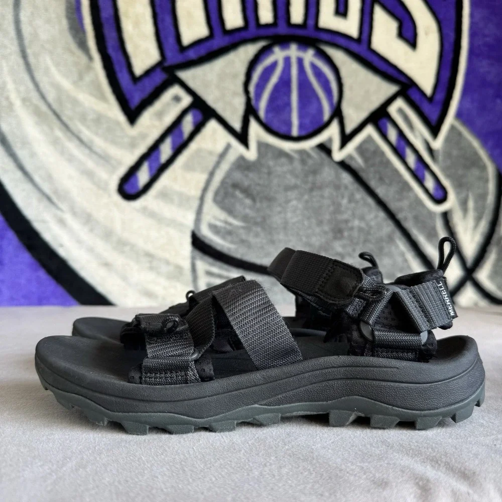 Size 8 - Merrell Men's Black Strappy Sandals Adjustable Hook & Loop Straps