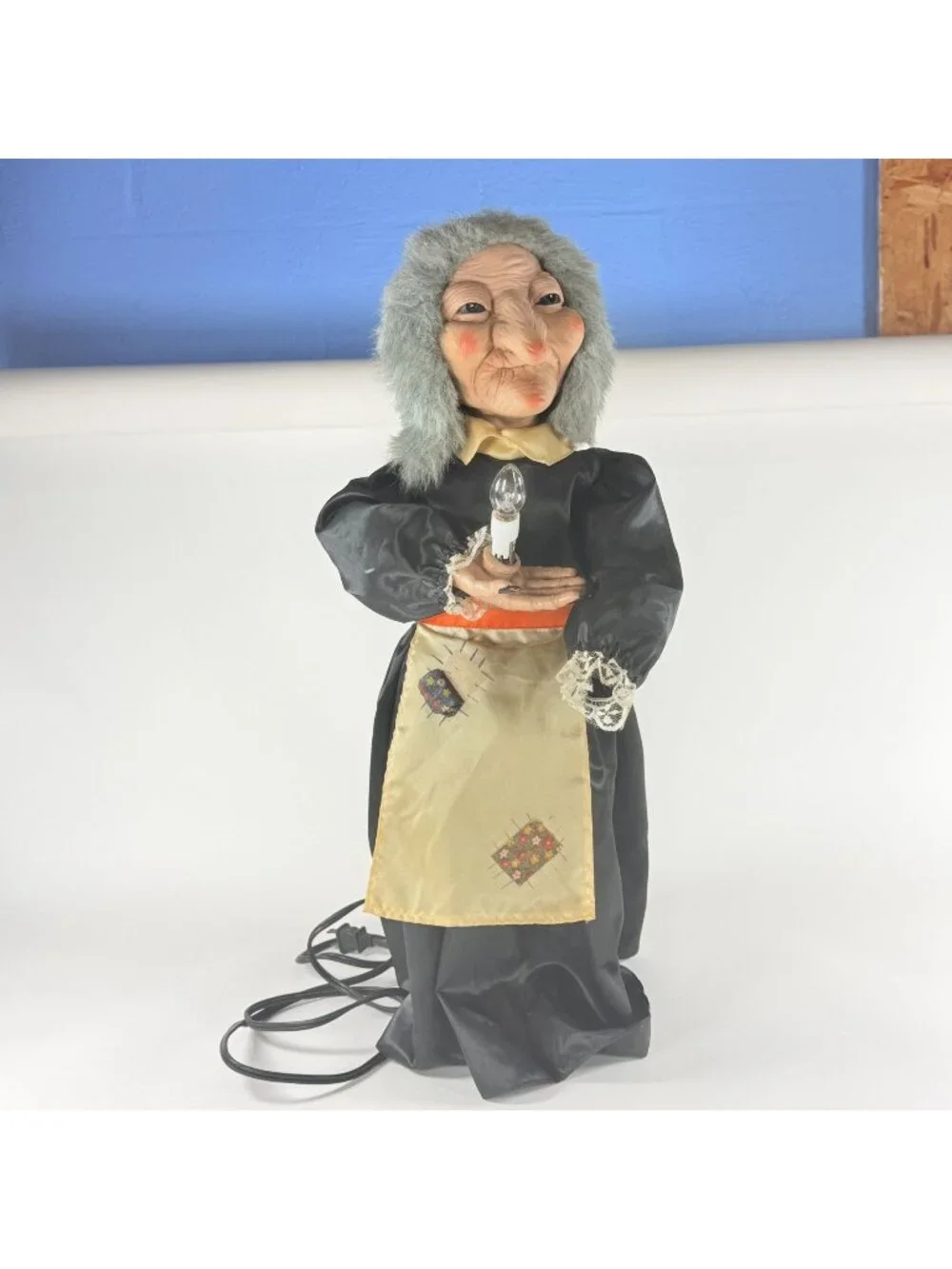 Vintage Animated Halloween Witch Holding Light Up Candle Black Robe Apron Decor