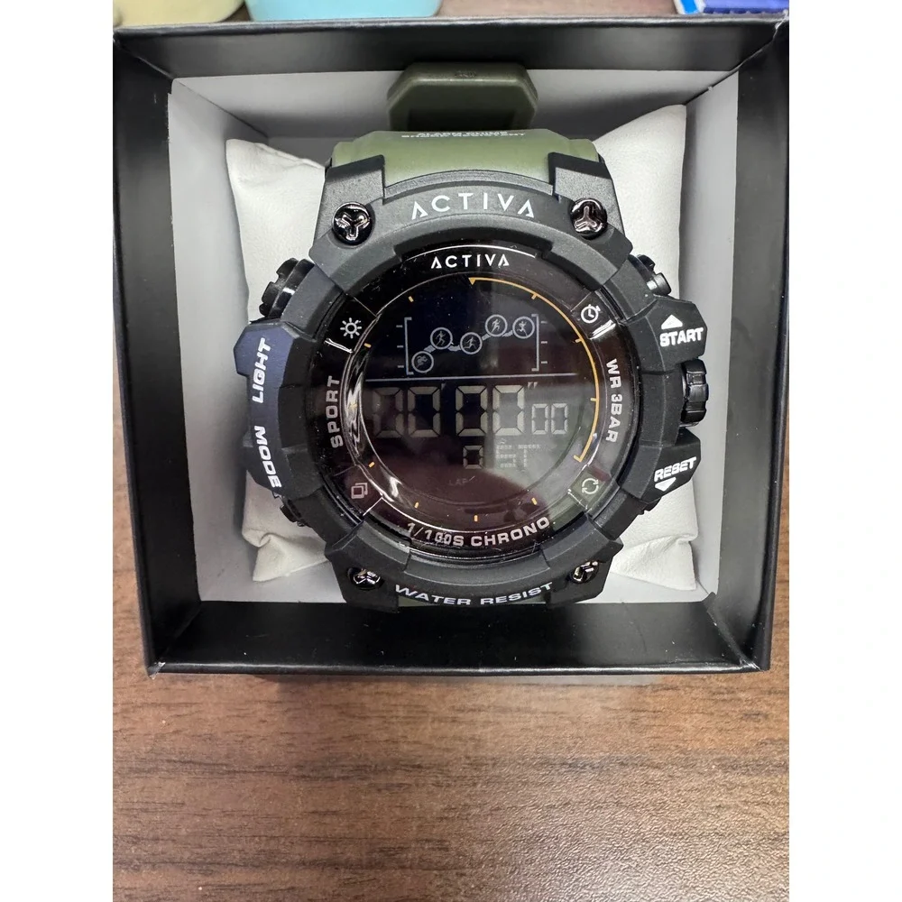 Activa Sport Digital Watch Black Olive Green Chronograph WR 3BAR New‎ in Box