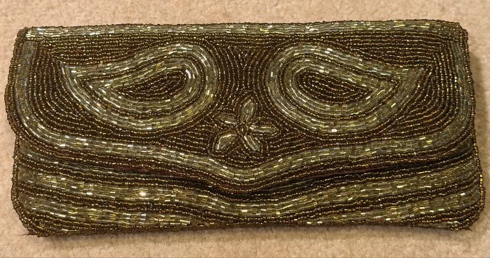 Vintage Beaded Clutch Purse Gold Bronze Paisley Evening Bag Flap Magnetic Snap