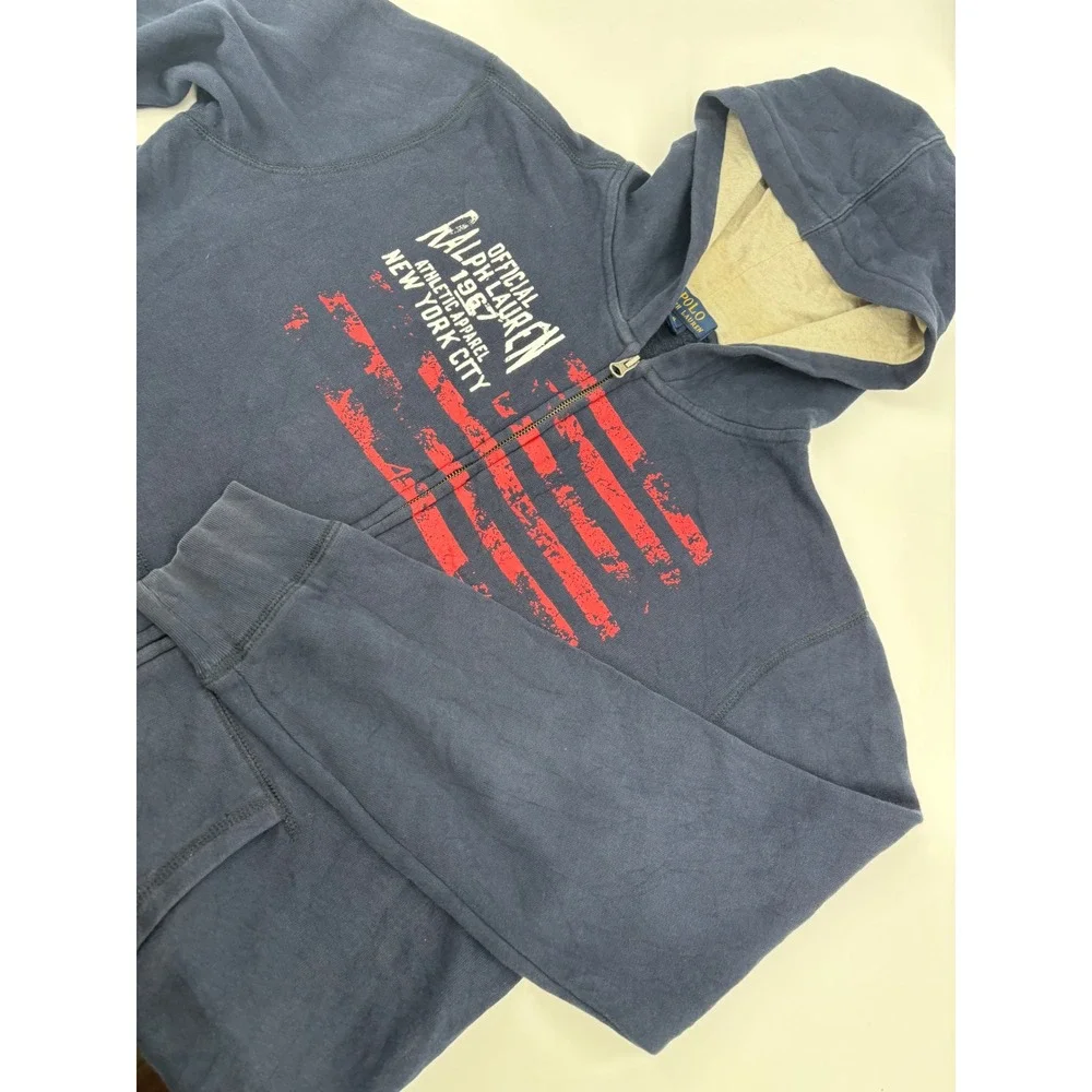 Polo Ralph Lauren Mens XL Navy Blue American Flag Full Zip Hoodie Sweatshirt