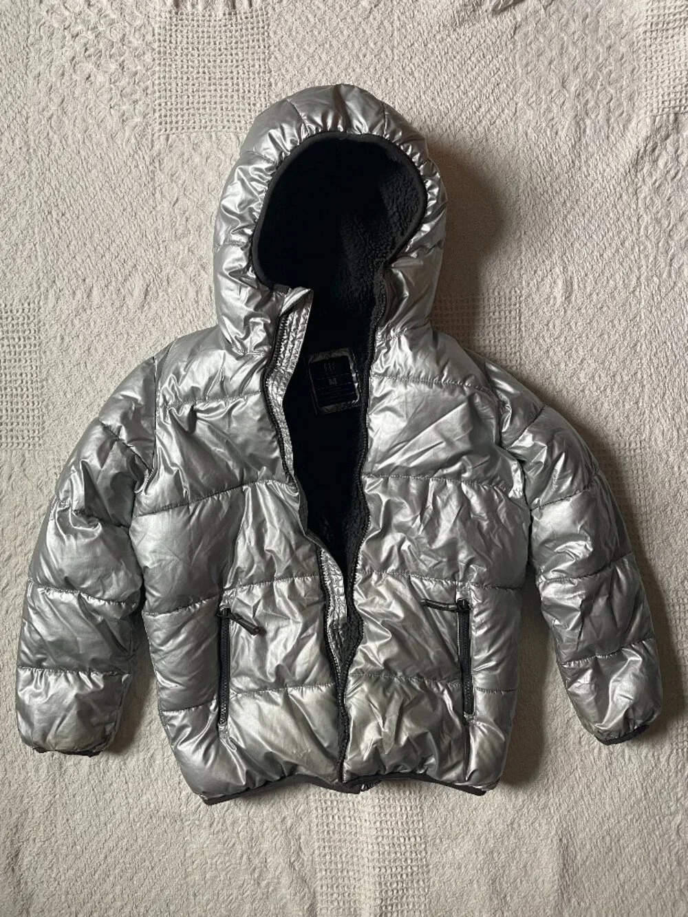 GAP Kids Silver Metallic Sherpa Lined Hooded Puffer Jacket - M