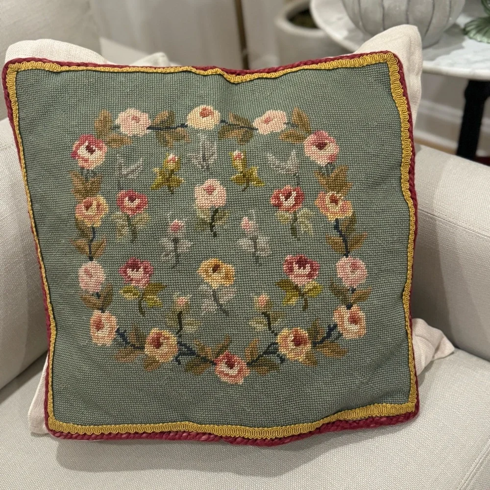 1Hand Crafted Vintage  Rose Floral In Scroll Needlepoint Pillow Cover