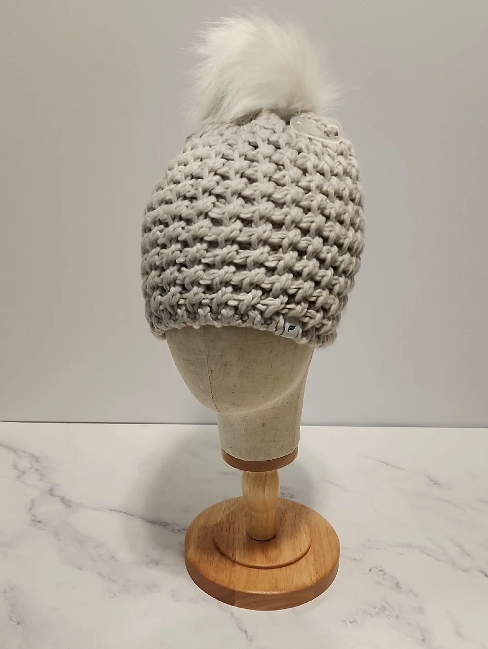 Fabletics  Chunky Knit Beanie Warm Hat with White Cozy Gray Knit  with Pom Pom