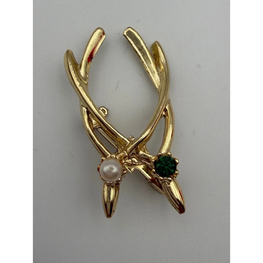 Vintage Gold Tone Double Wishbone Brooch Faux Pearl Green Rhinestone Pin