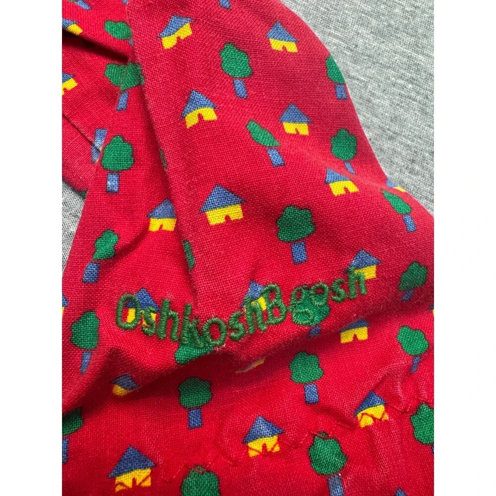 Vintage 80s OshKosh B’Gosh Girls Size 5 Red House Tree Print Blouse USA