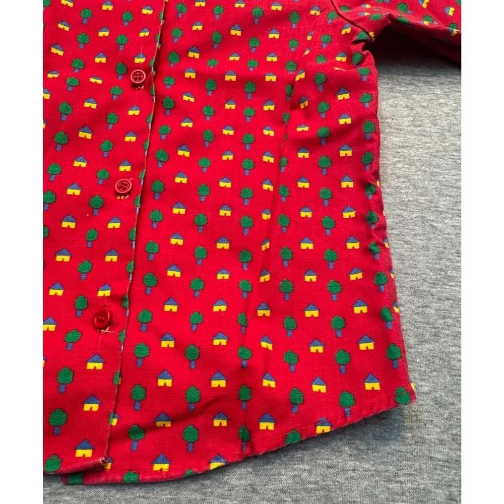 Vintage 80s OshKosh B’Gosh Girls Size 5 Red House Tree Print Blouse USA