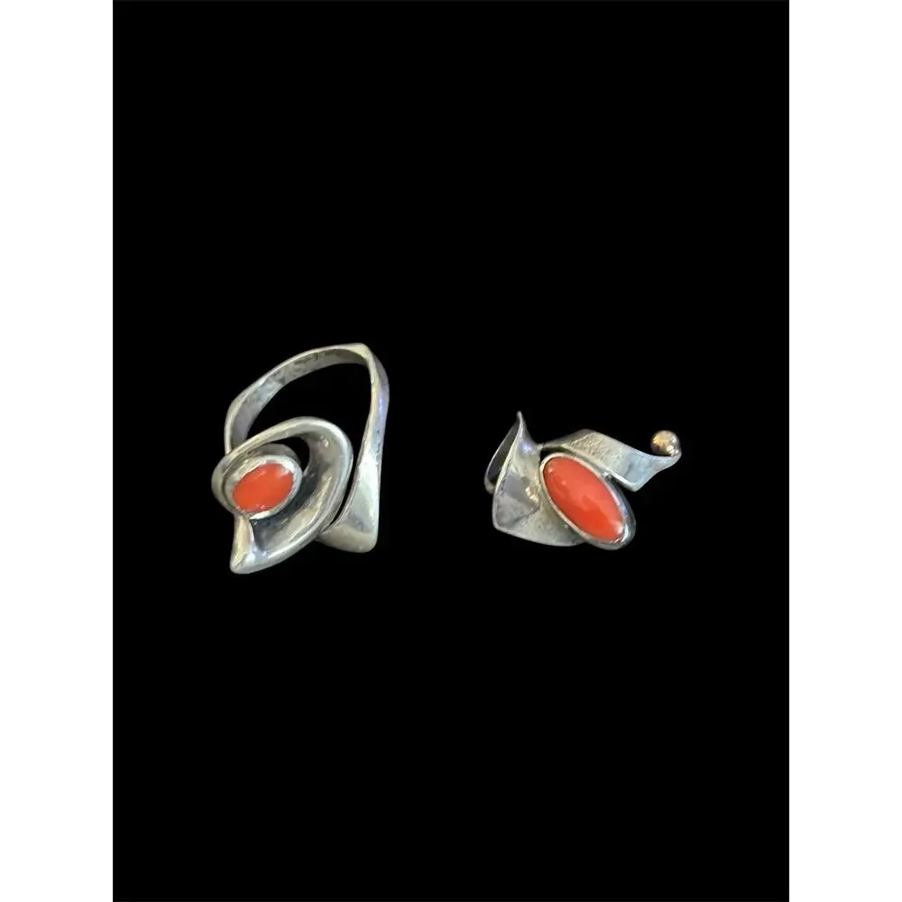 Vintage Sterling Silver Coral Ring & Pendant Set Modernist Jewelry