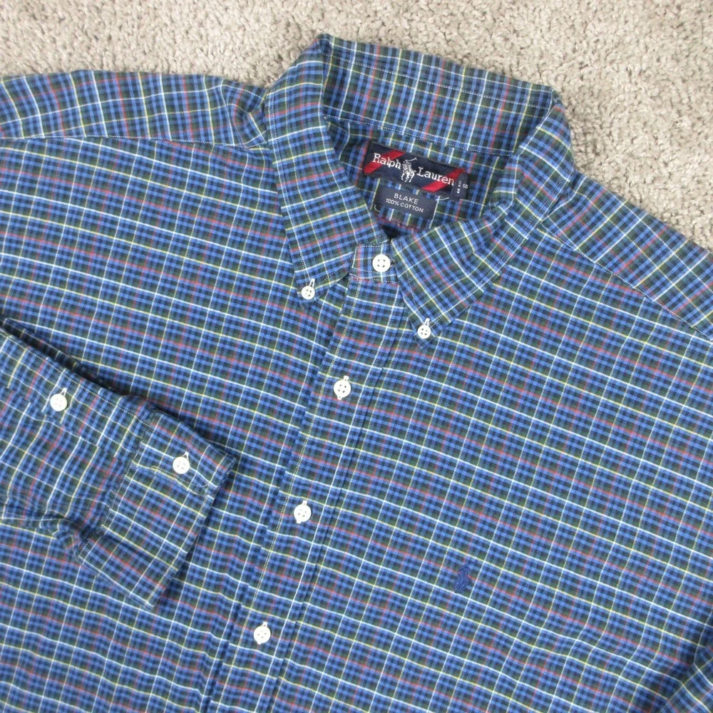 Ralph Lauren Shirt Mens 2XL Blue Plaid Blake Oxford Cloth Pony Logo Button Up