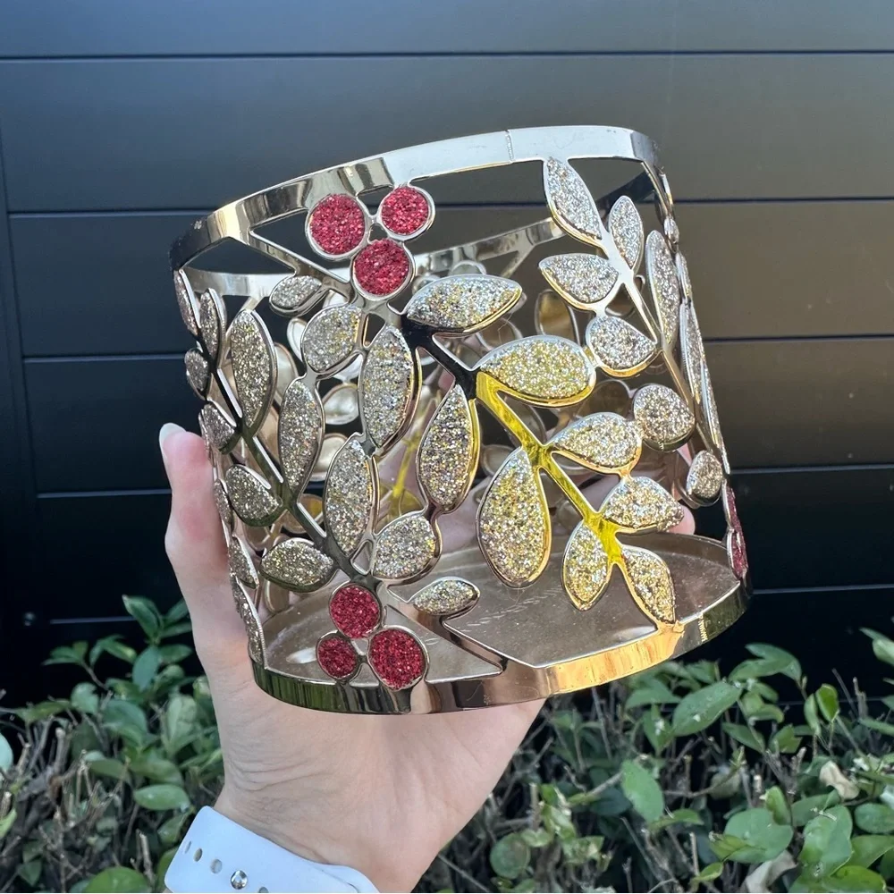 Bath & Body Works Gold Red Glitter Metal 3-Wick Candle Holder Collectible