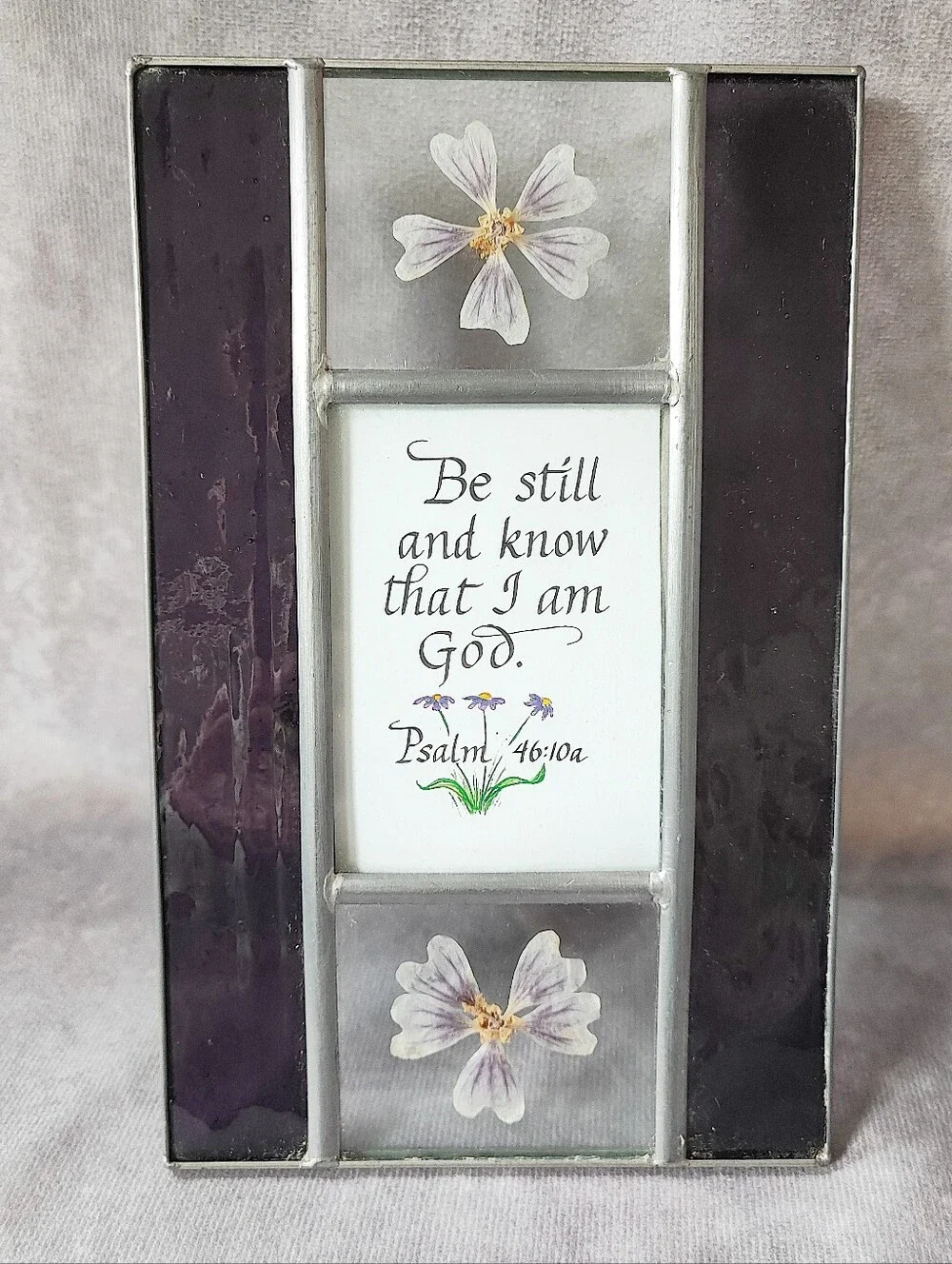 Purple Stained & Clear Leaded Glass Dried Flowers Picture Frame Psalm 46:10 EUC