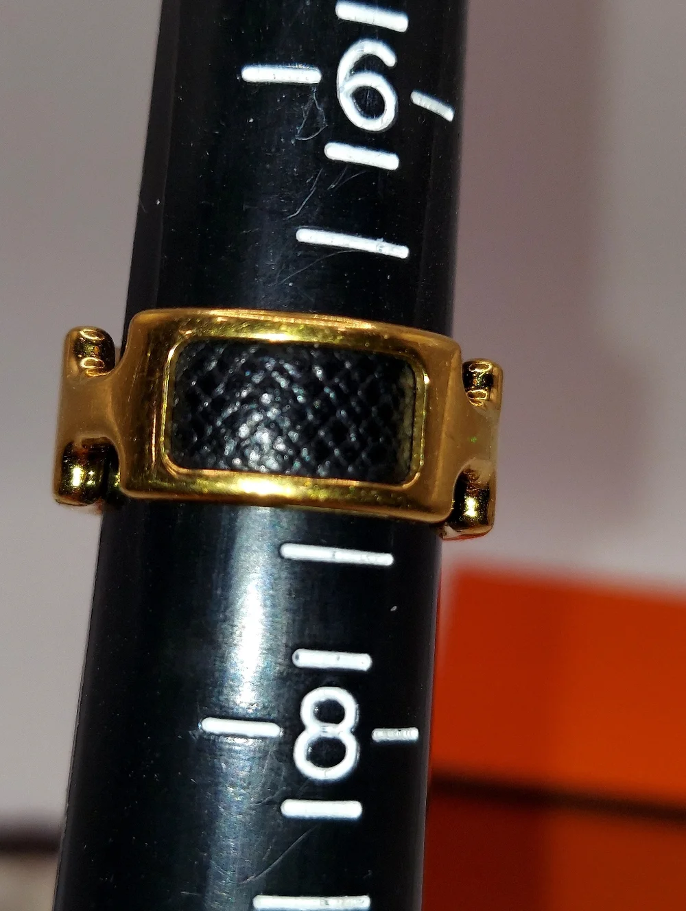 HERMES OLYMPE RING Gold Tone With Black Leather Sz M 6.75/7.25